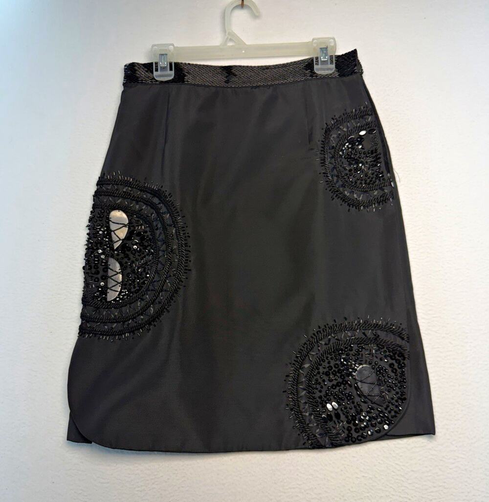 Per Se Women Black Beaded Satin Pencil Skirt 8 Side Zip Lined Formal party fancy